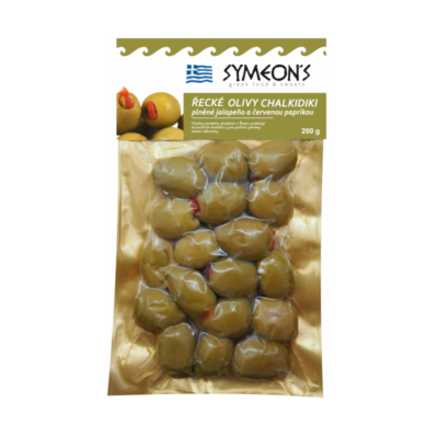 Zelené olivy Chalkidiki plněné červenou paprikou & papričkou Jalapeno - vakuum 200 g